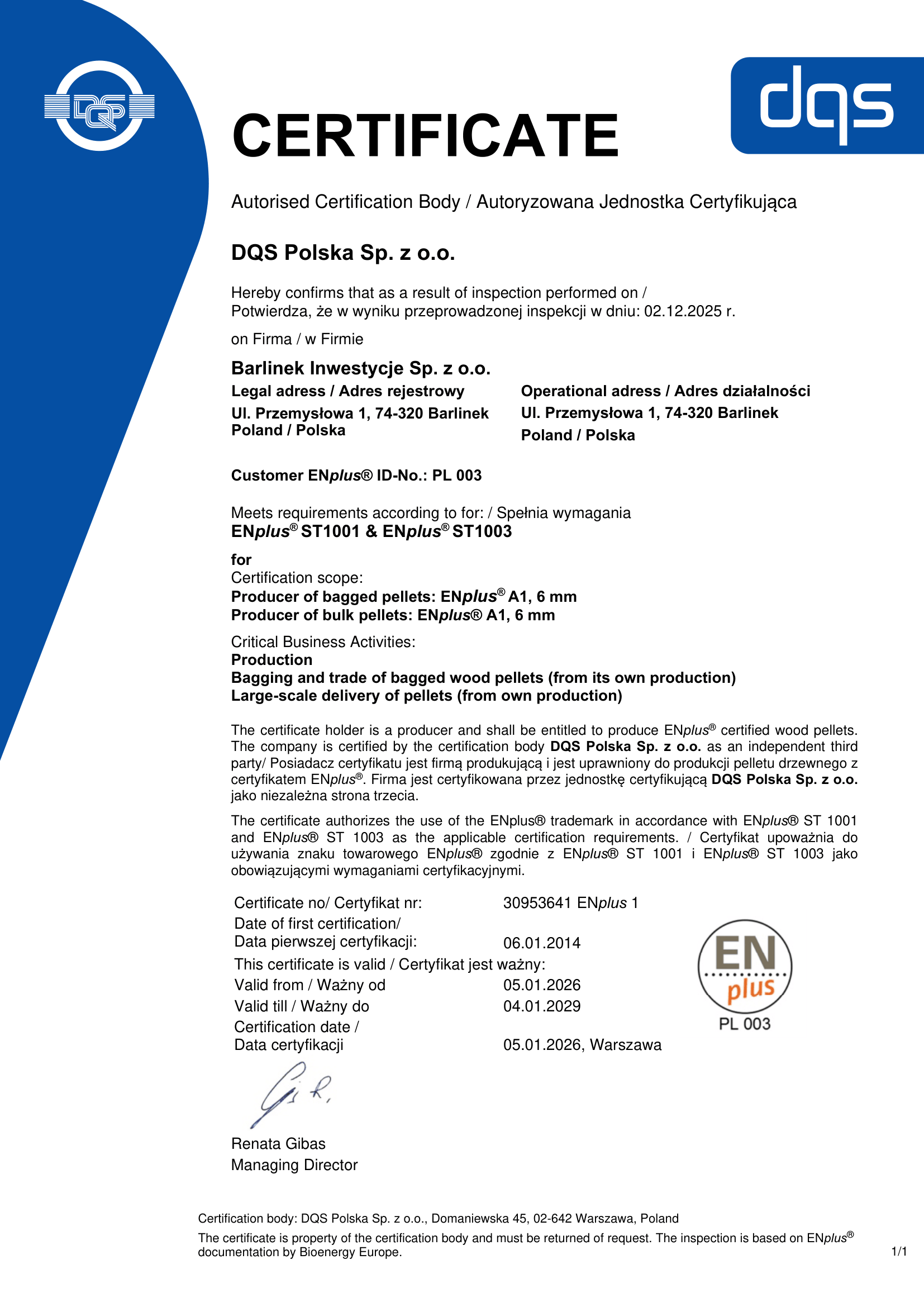 Certyfikat Enplus A1 Barlinek