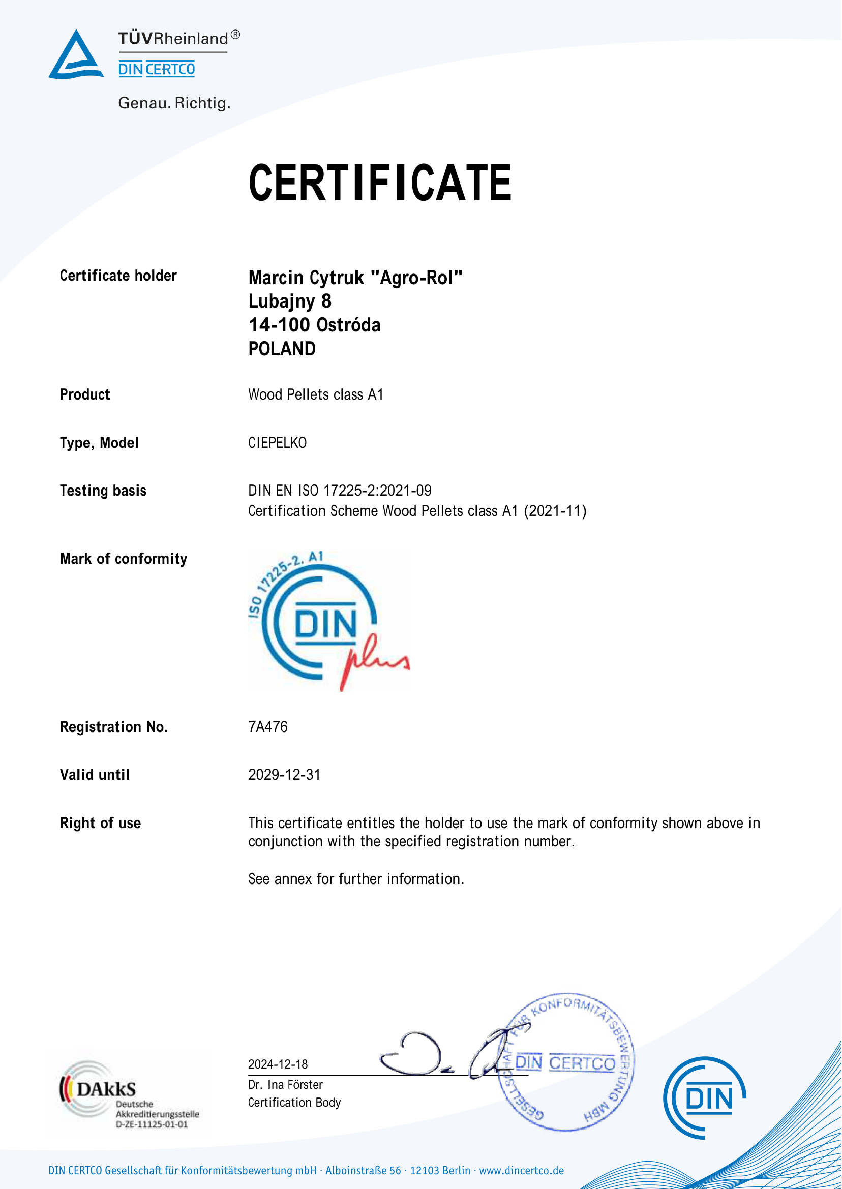 Certyfikat DinPlus pellet Ciepełko 2029