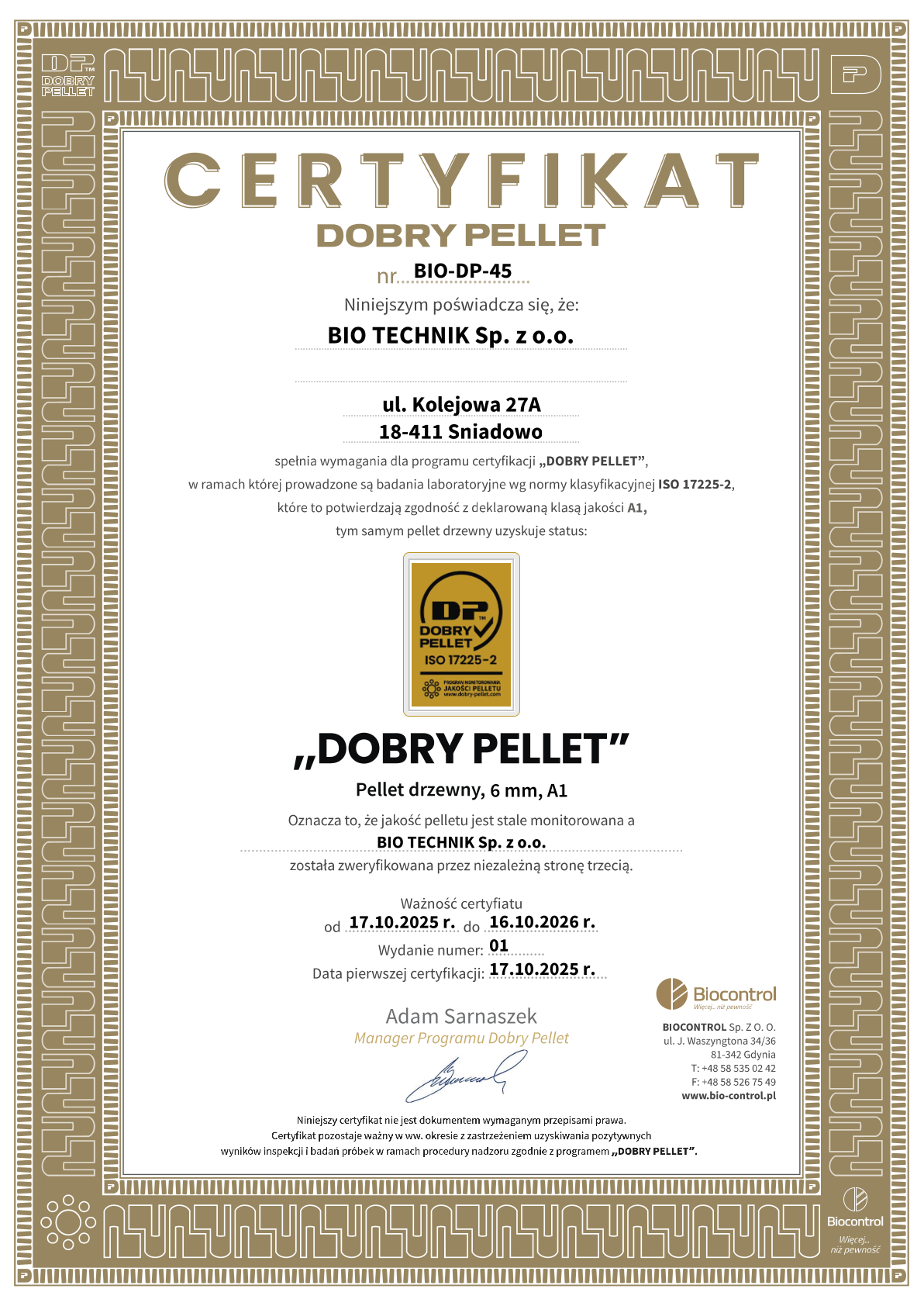 Certfyikat Dobry Pellet pellet Bio-Technik Wolebio.pl