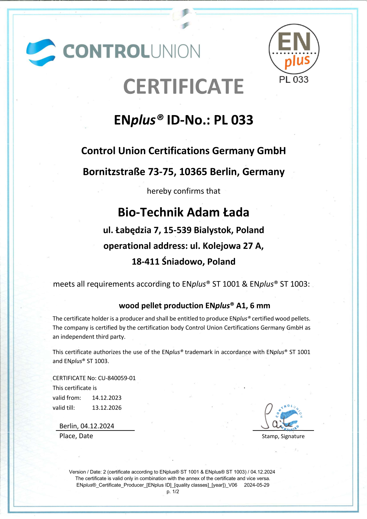 Certyfikat EnPlus A1 Bio-Technik