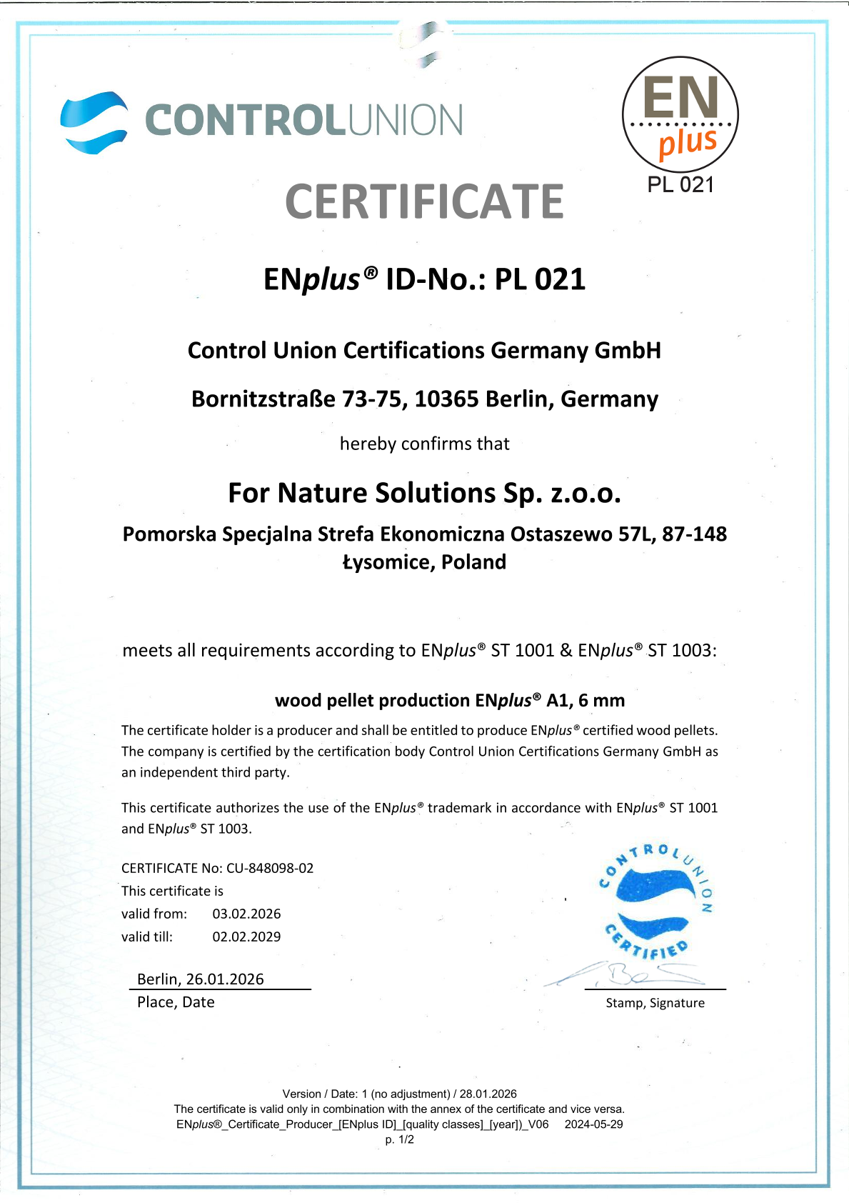 Certyfikat EnPlus A1 Clear Energy