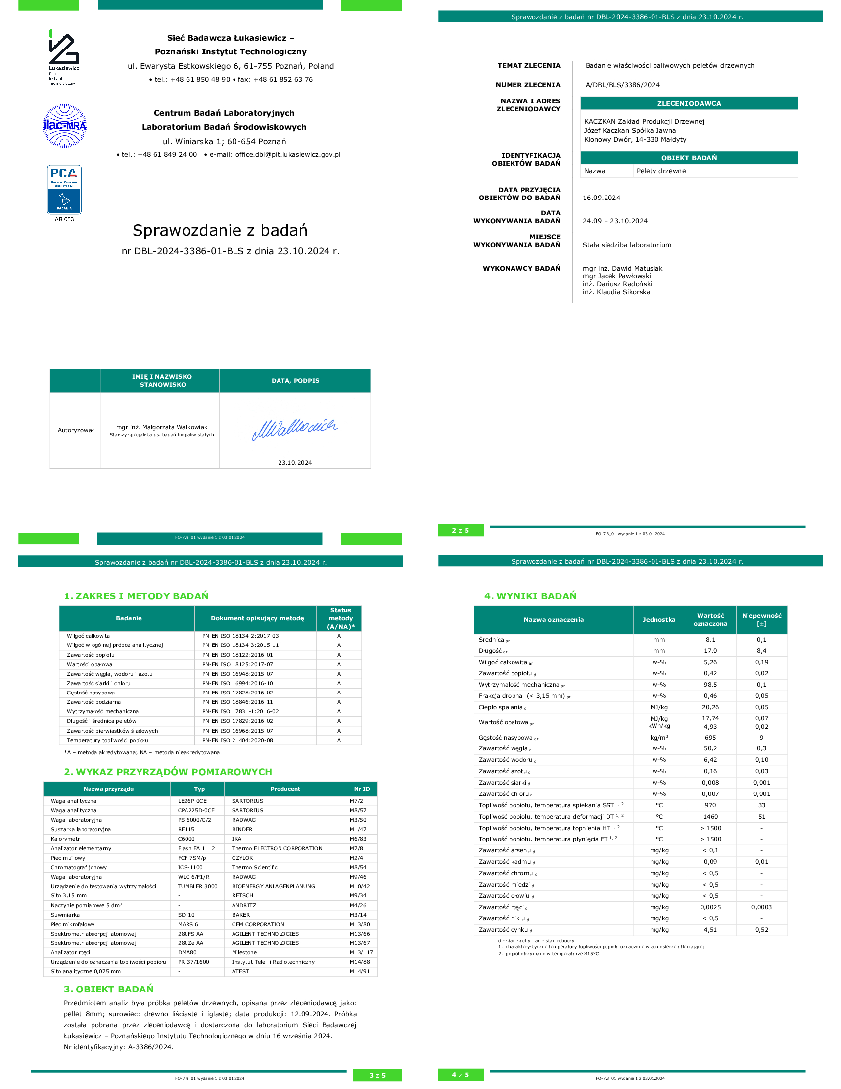 Badania pelletu dębowego Kaczkan Eko-pellet Wolebio.pl 6mm