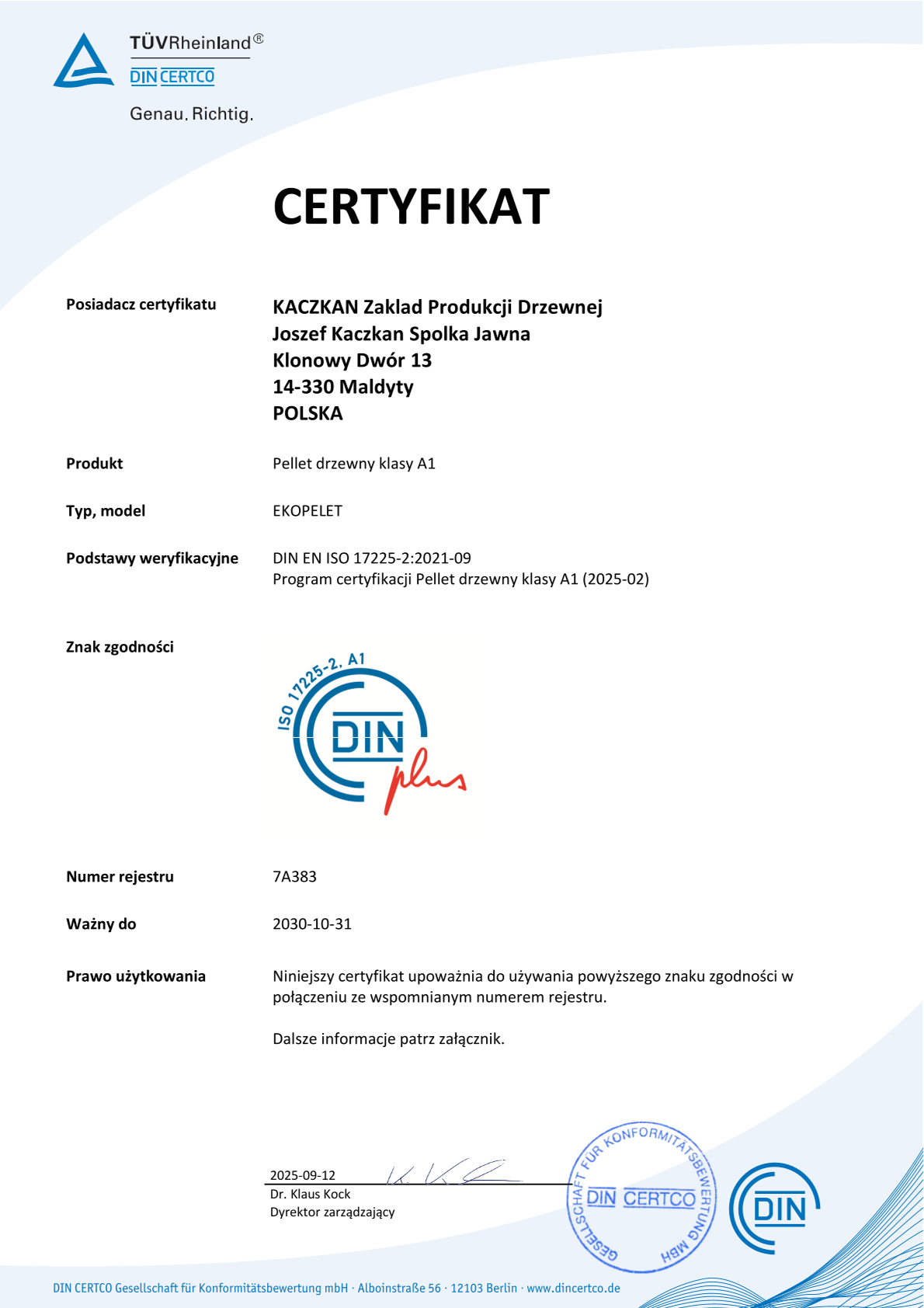 Certyfikat DinPlus Ekopelet Kaczkan 6mm