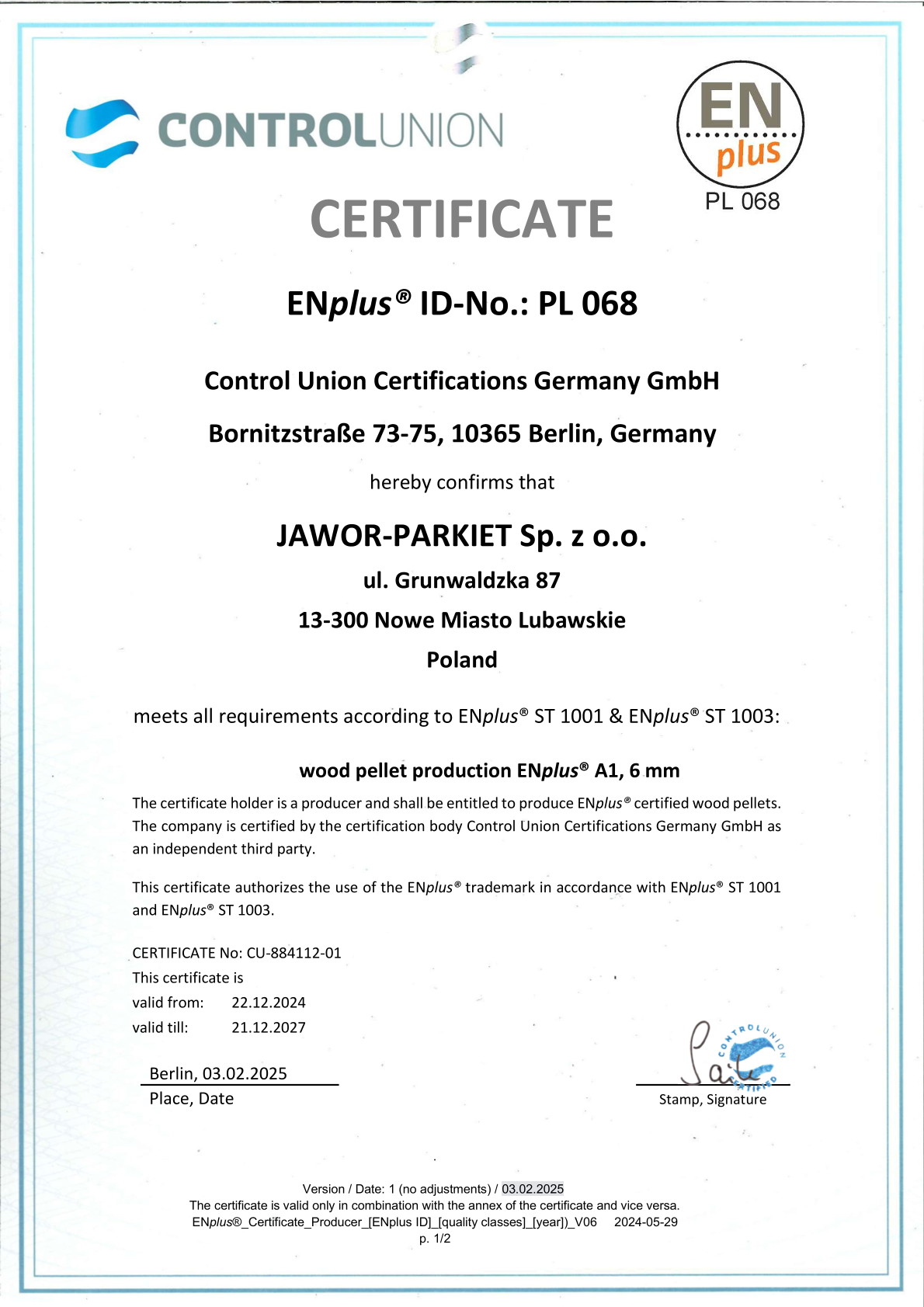 Certyfikat EnPlus A1 Premium Pellets dębowy 6mm