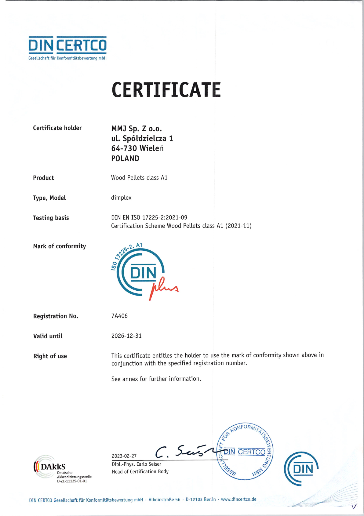 Certyfikat DINplus pellet Dimplex