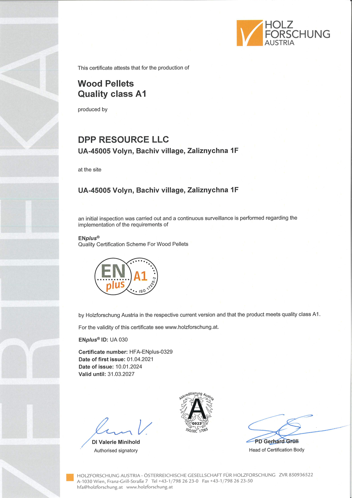 Certyfikat EnPlus A1