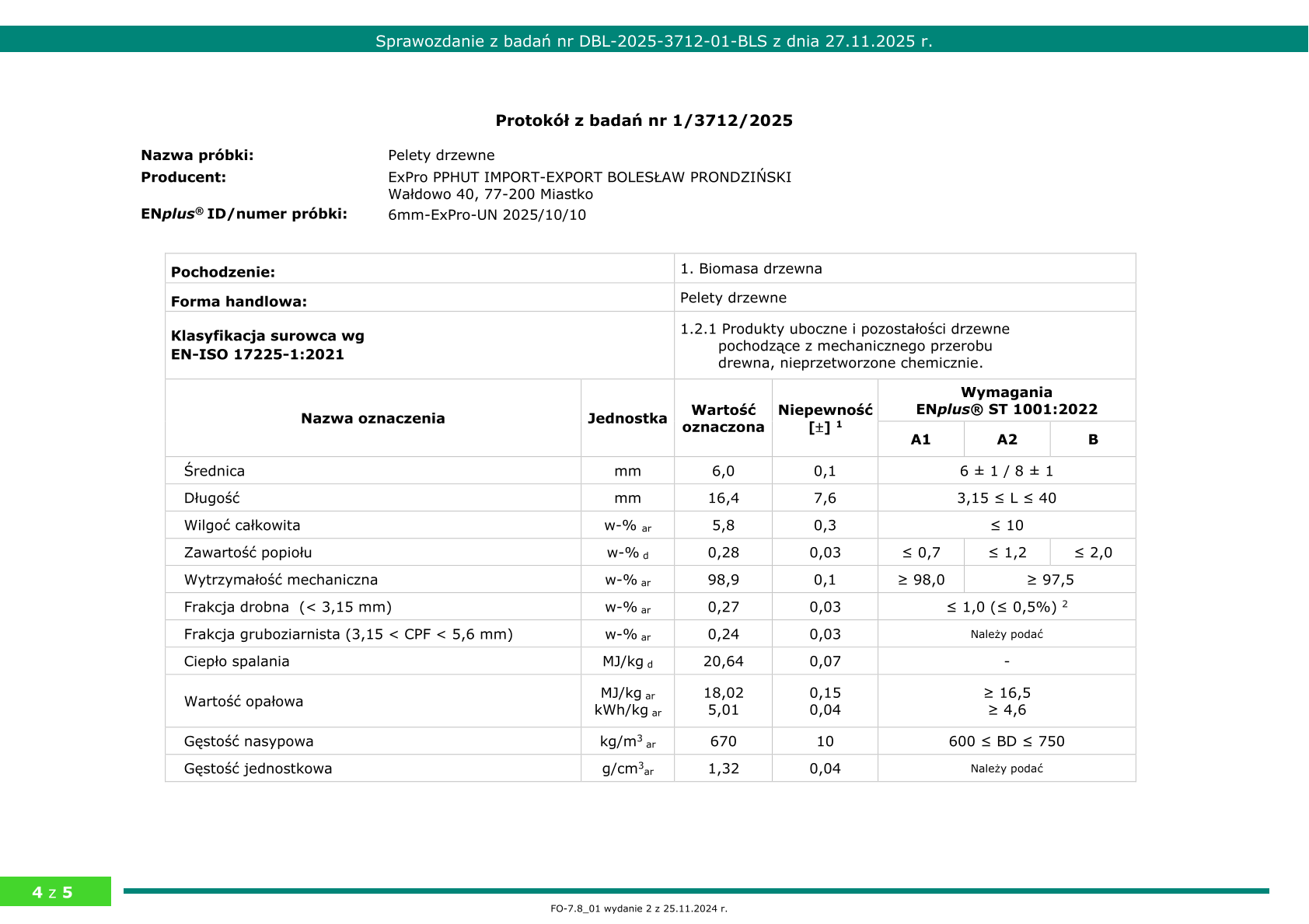 Badania pelletu ExPro Pellet EnPlus A1