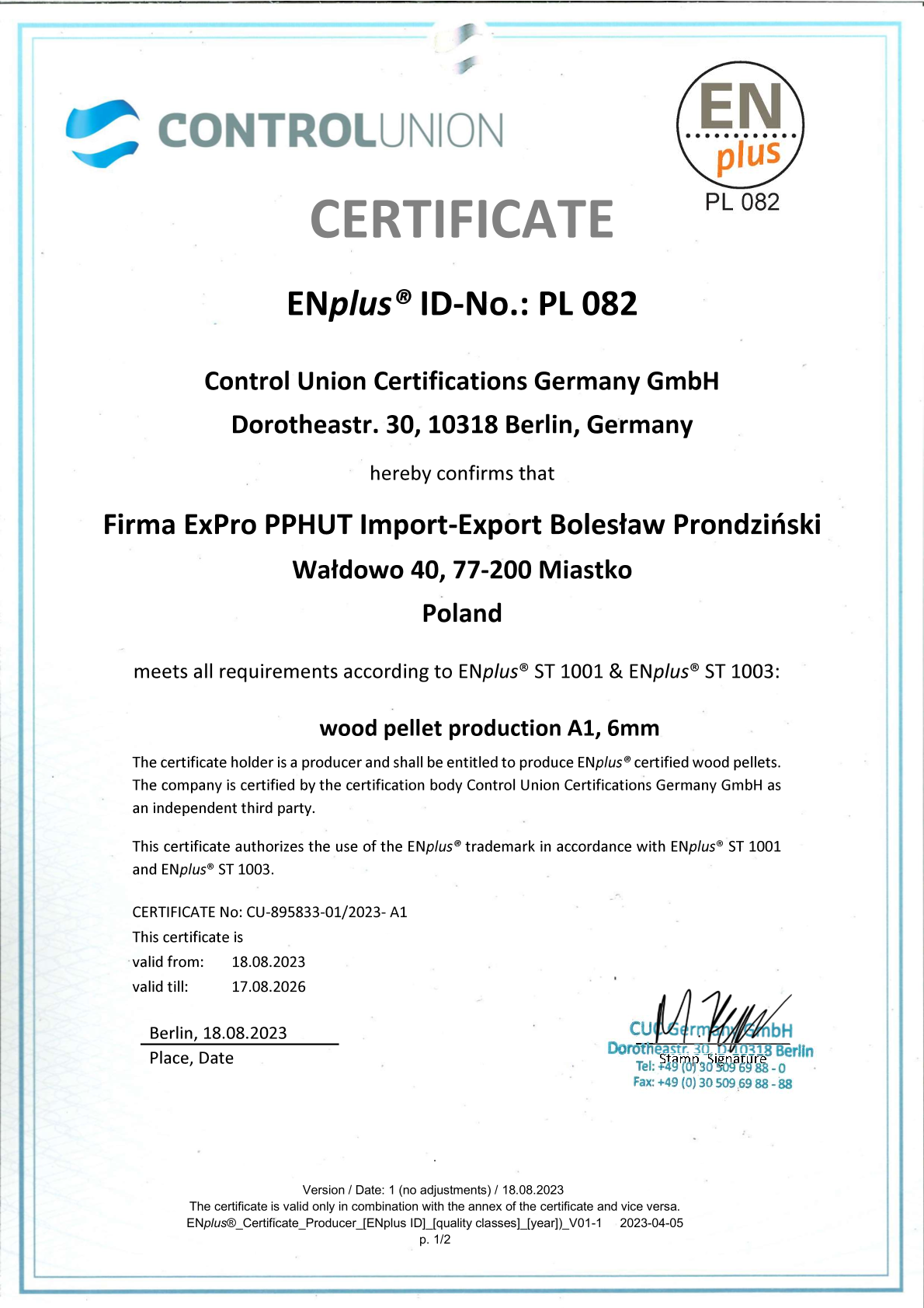 Certyfikat ExPro Pellet