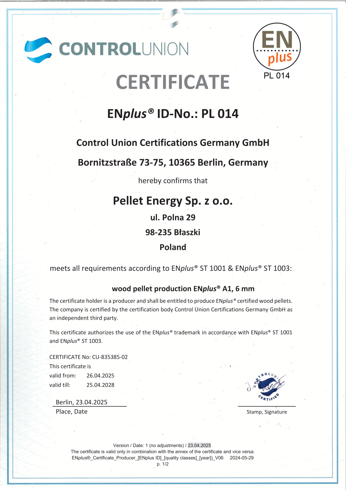 Certyfikat Pellet Energy Gold EnPlus A1
