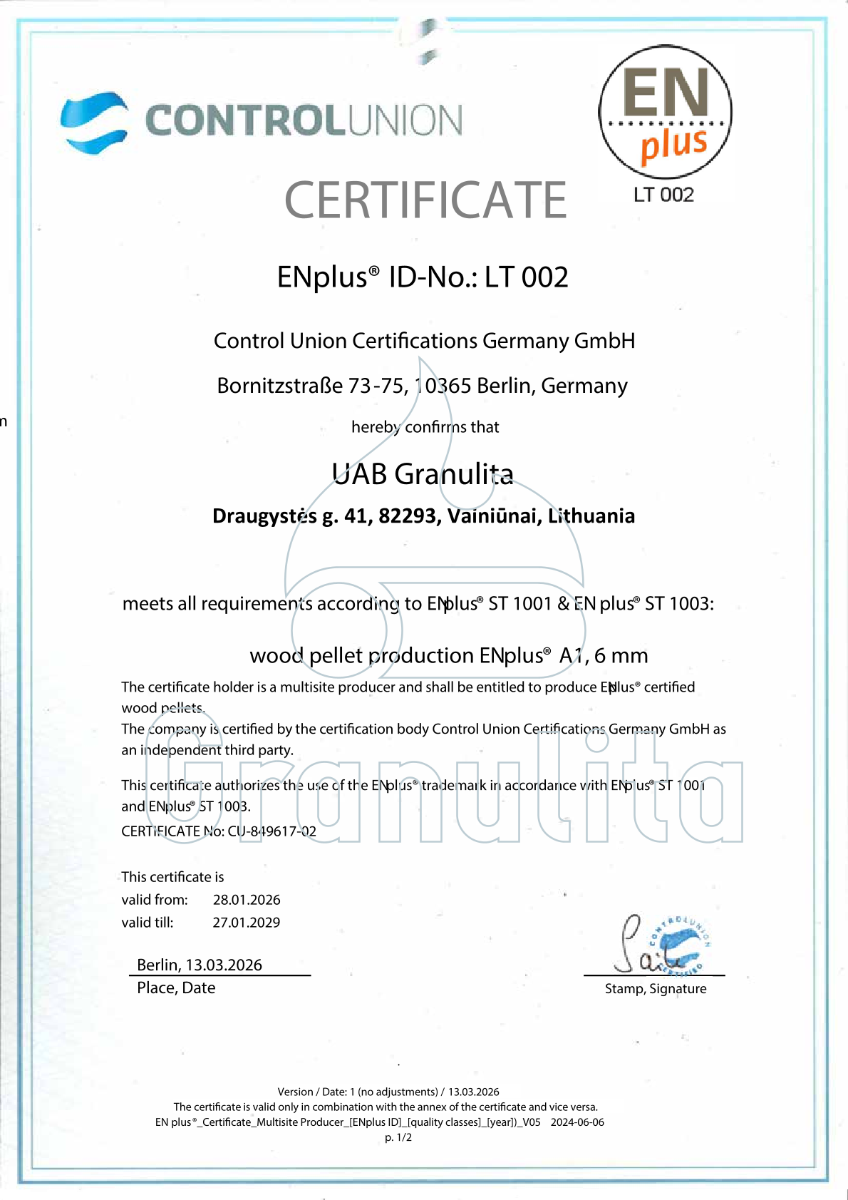 Certyfikat EnPlus A1 Granulita