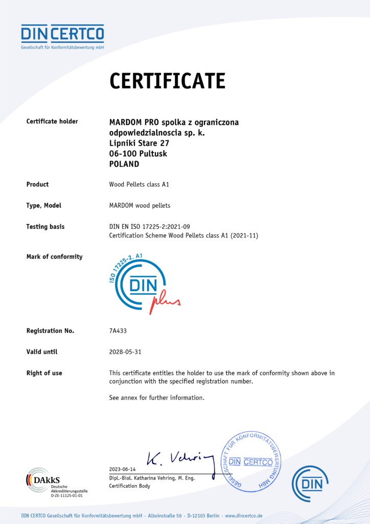 Certyfikat DINplus pellet Hiton