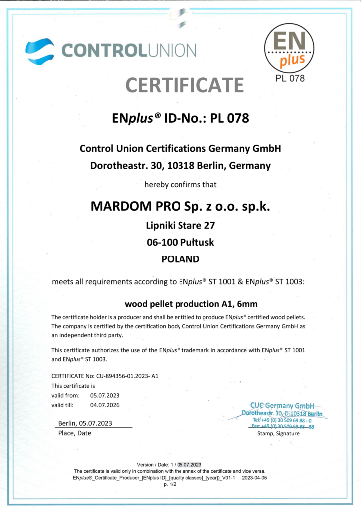 Certyfikat EnPlus A1 pellet Hiton