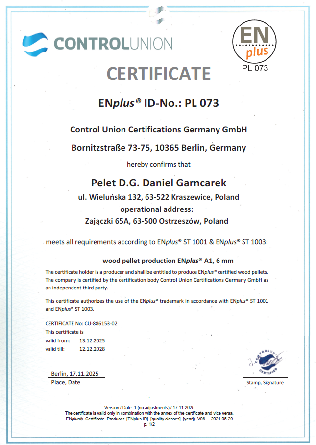Certyfikat EnPlus A1 Igła
