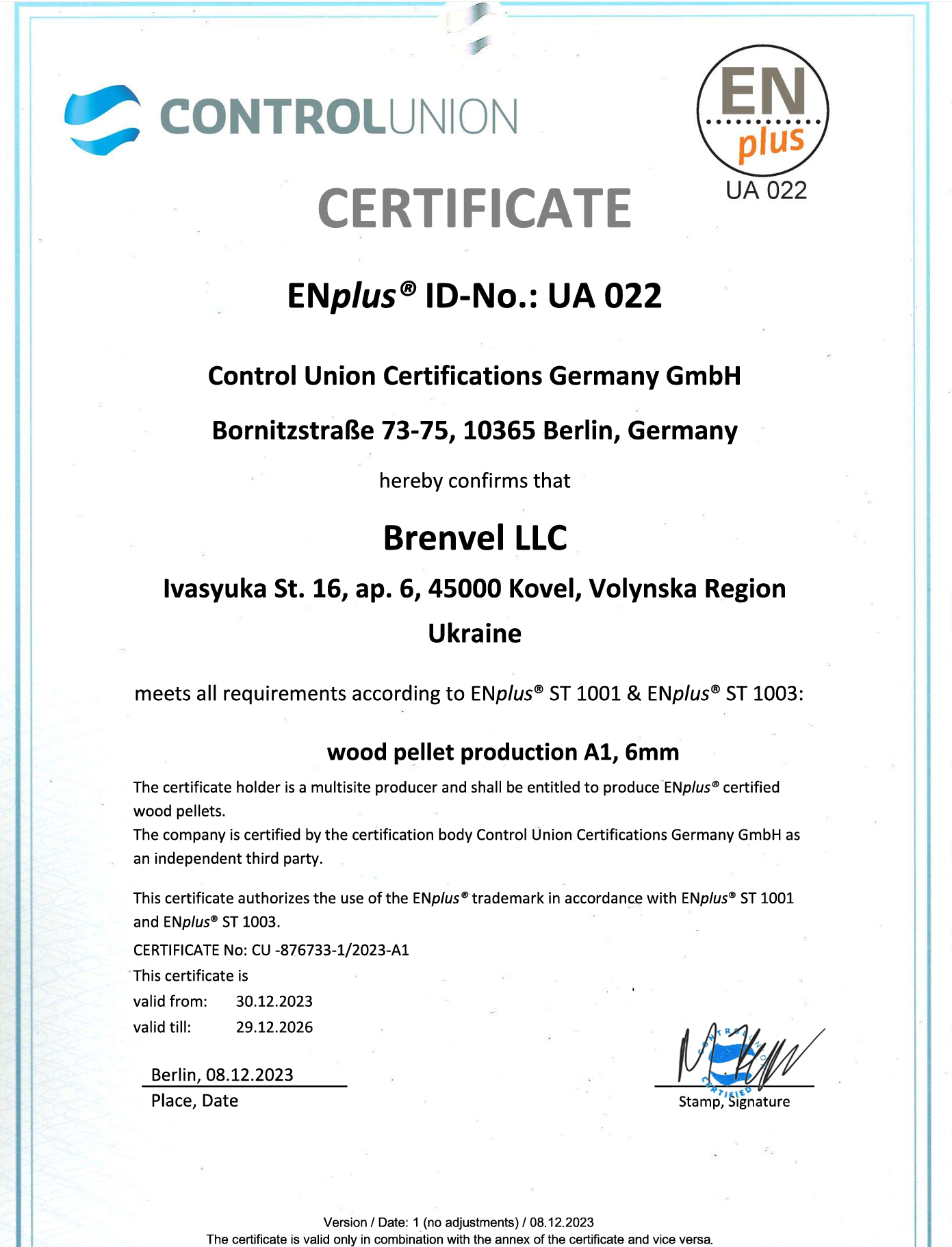 Certyfikat EnPlus A1 Pellet Lets Pellet