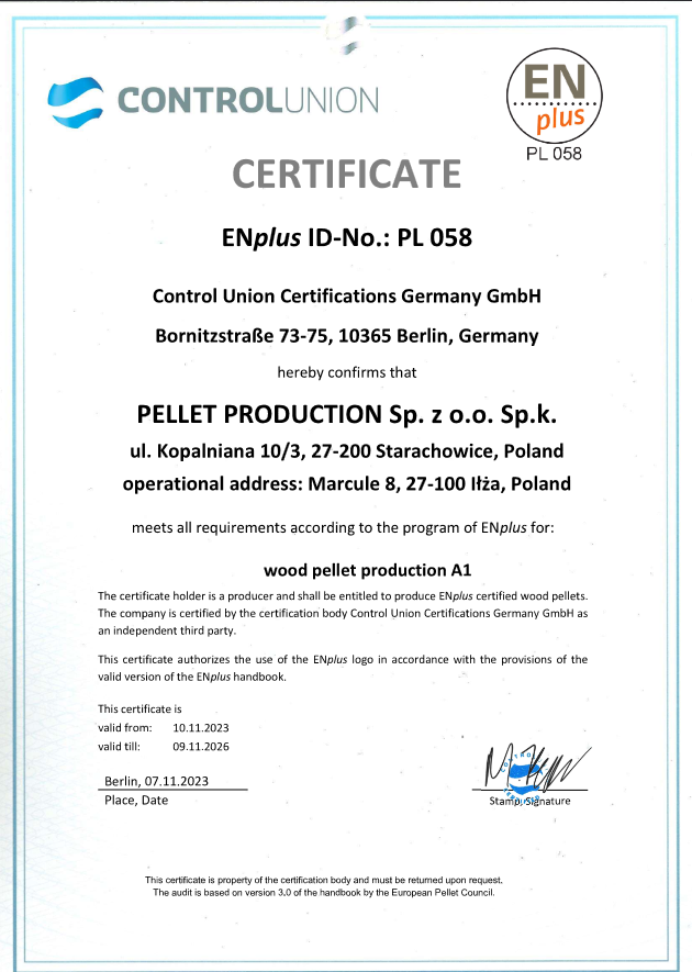 Certyfikat EnPlus A1 Magnum Perfect