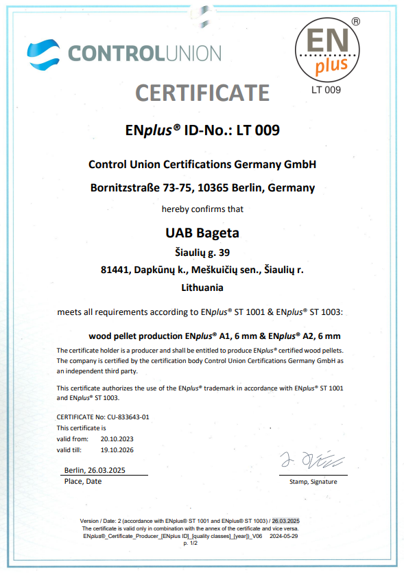 Certykat Enplus a1 Natural Wood Pellets