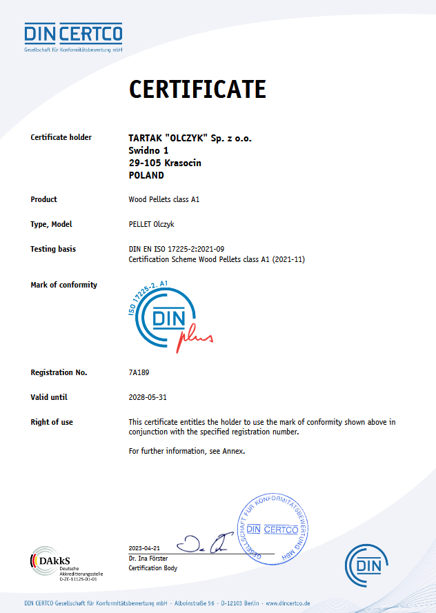 Certyfikat DinPlus Pellet Olczyk