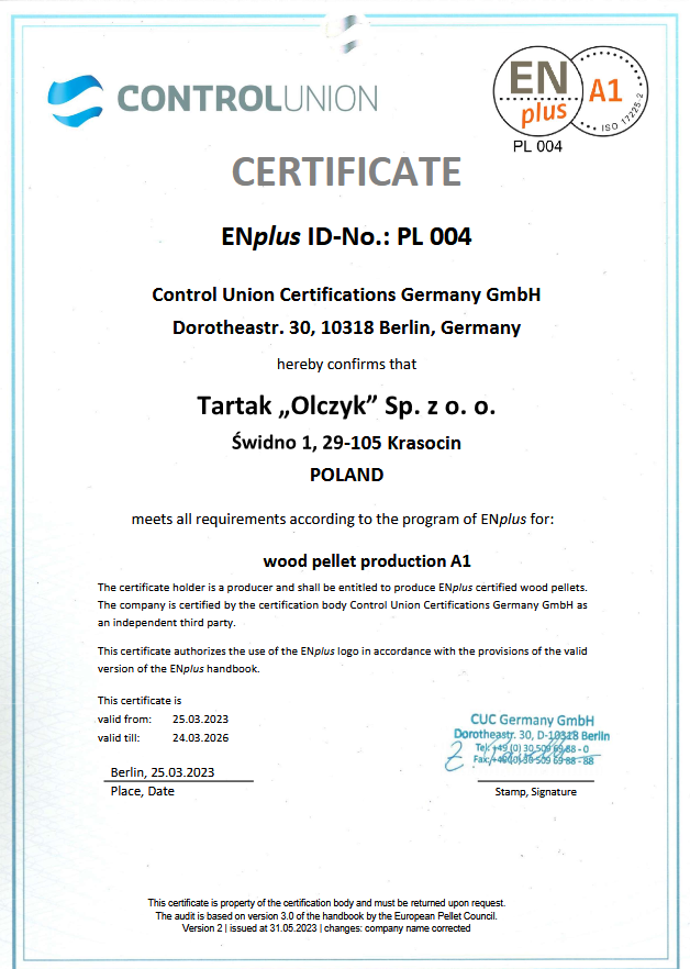 Certyfikat EnPlus A1 Olczyk