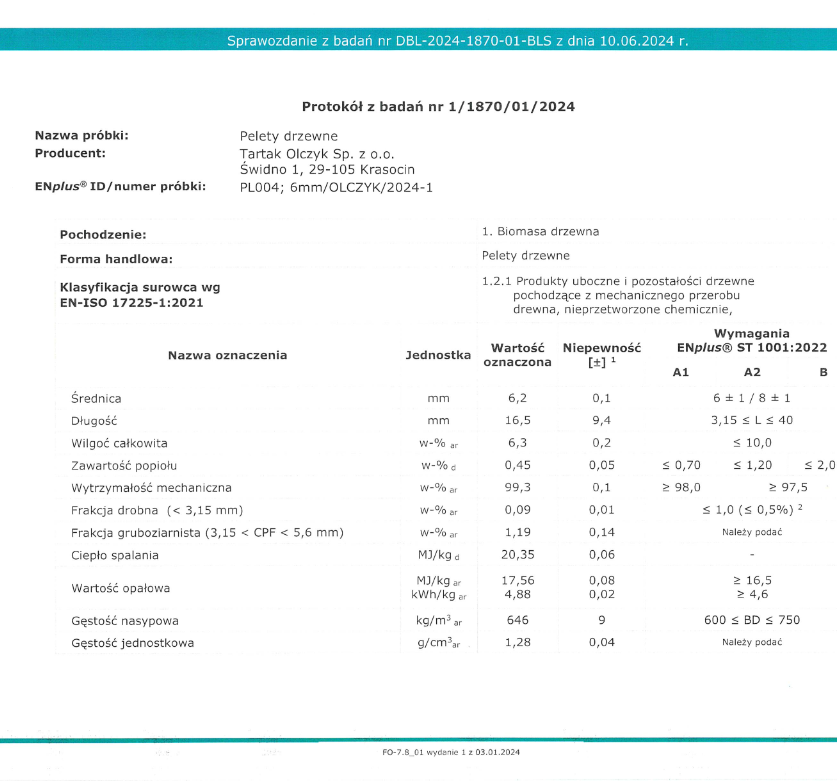 Badania pelletu drzewnego tartak olczyk wolebio.pl
