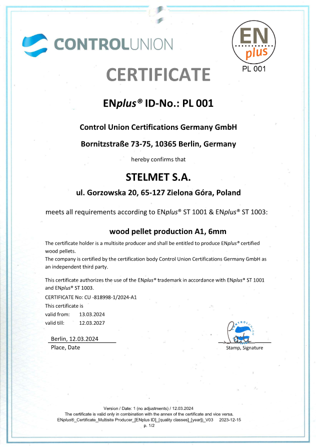 Certyfikat EnPlus A1 Olimp