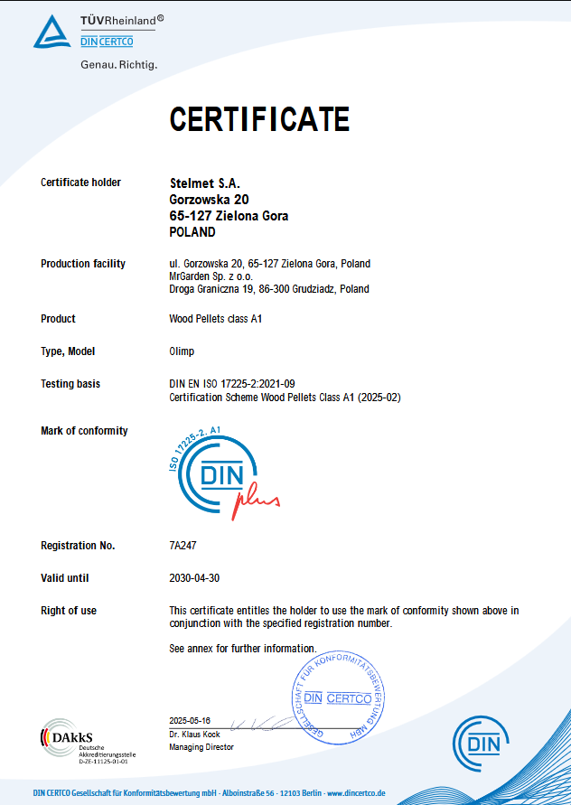 Certyfikat DINplus pellet Olimp