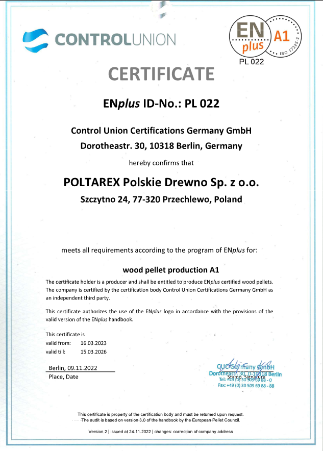 Certyfikat pellet Poltarex