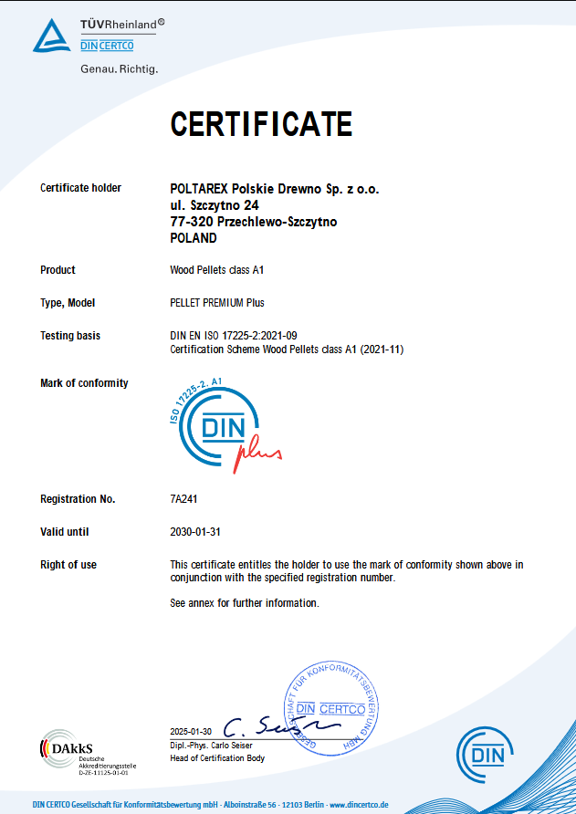 Certyfikat DINplus pellet Poltarex