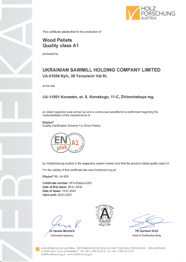 Certyfikat EnPlus A1 pellet Rezult