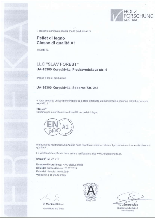 Certyfikat EnPlus A1 Slav forest