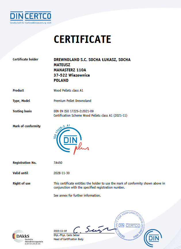 Certyfikat DINplus Pellet sosnowy Drewnoland Premium