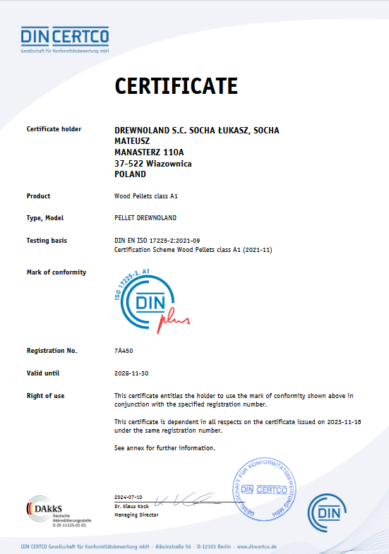 Certyfikat DINplus pellet Drewnoland liściasto-iglasty