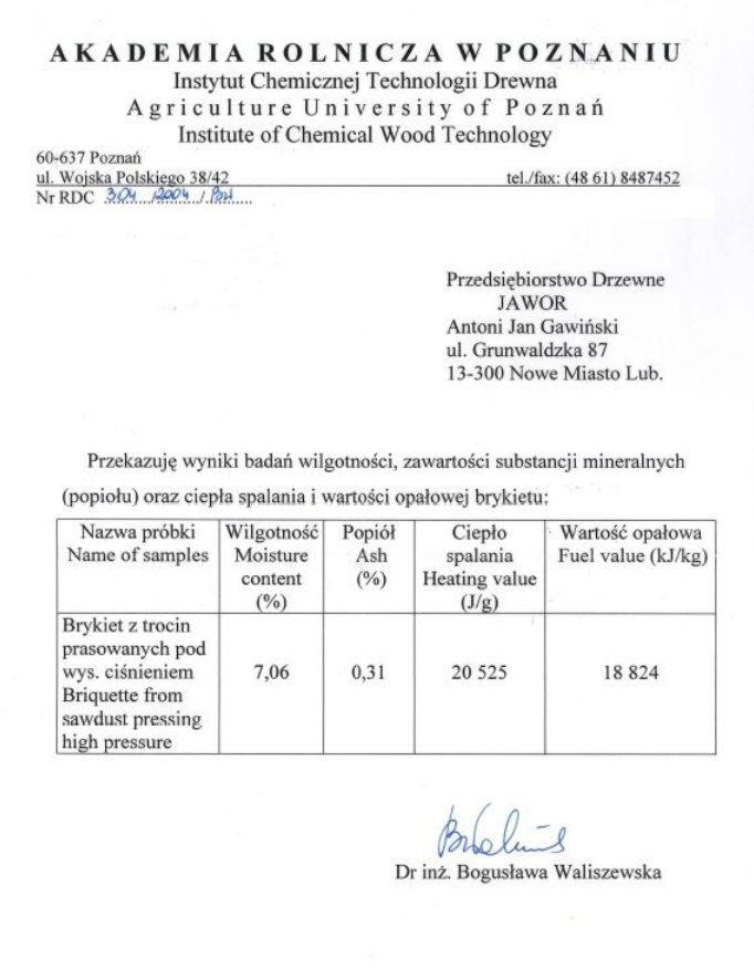 Badania brykietu drzewnego PDJ dębowy Jawor