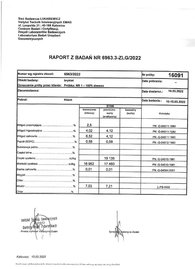 Raport z badania brykietu bukowo-brzozowego