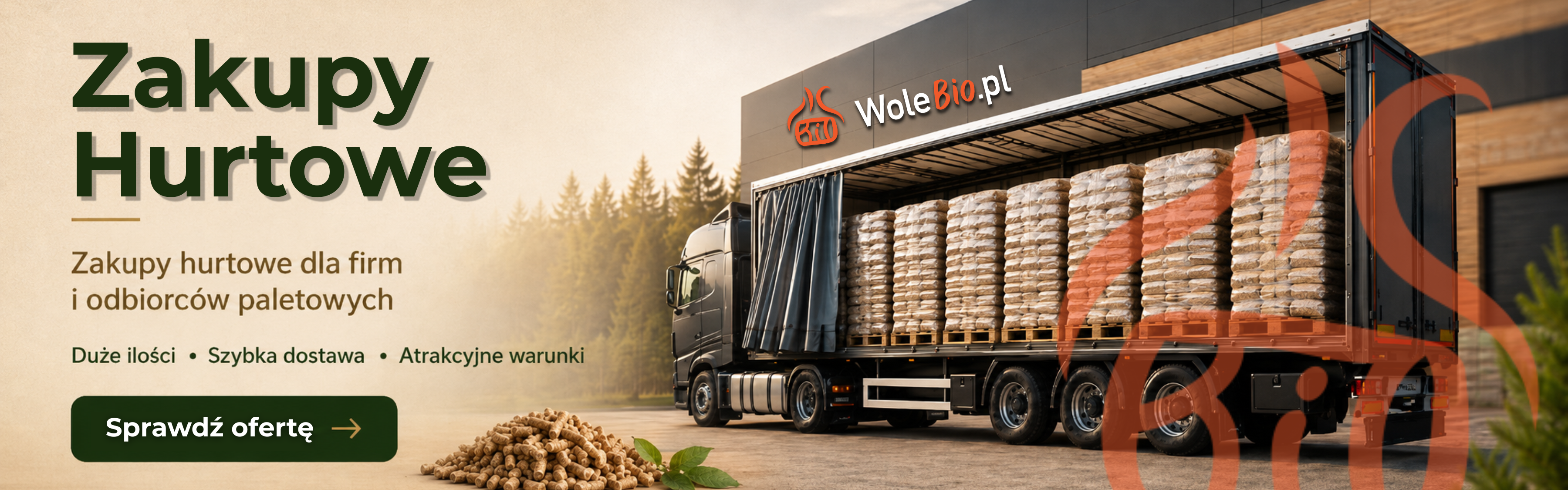 tir z odłoniętą naczepą, przewożący pellet drzewny, zakupy hurtowe